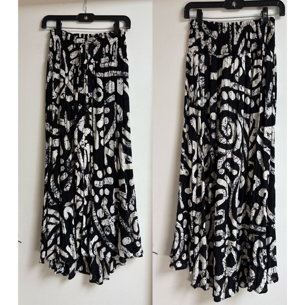 Haute Hippie Black White Batik Maxi Skirt S Smock Slit Abstract Boho Rayon Beach - Picture 3 of 9